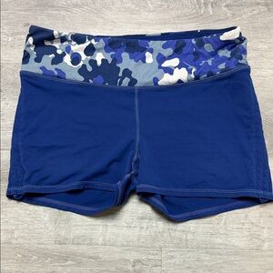 Fabletics Navy Bike Shorts with Blue Camo Waistband